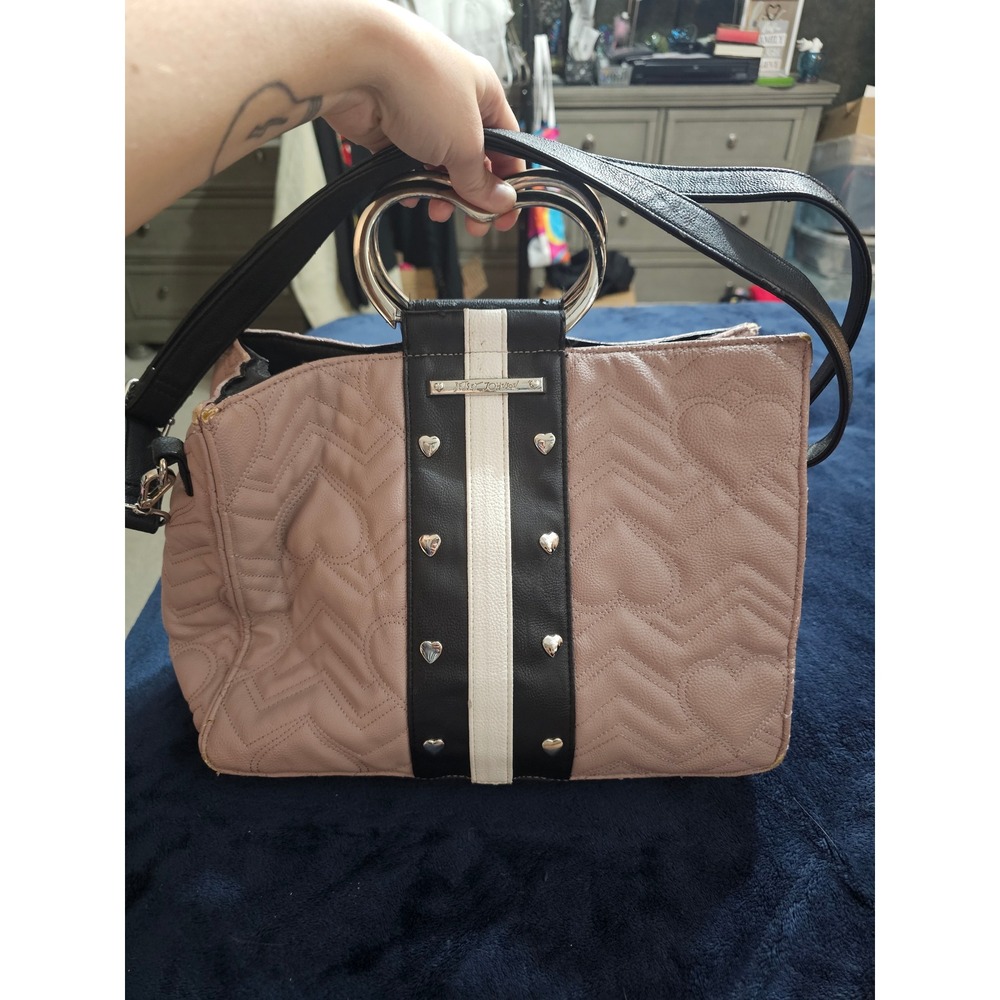 Betsey Johnson Quilted Heart Satchel Pink Black White Stripe Heart Handle Bag
